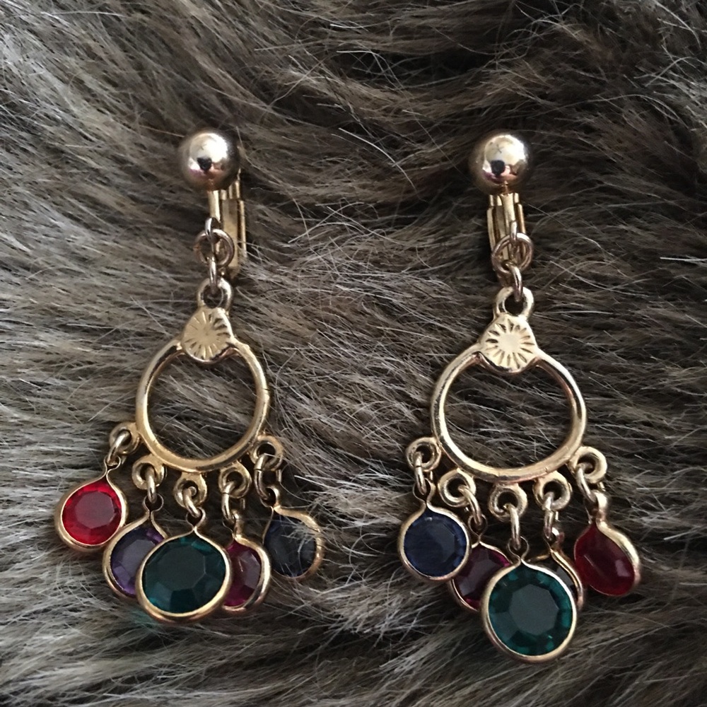 Vintage jewel tone dangle crystal screw backs